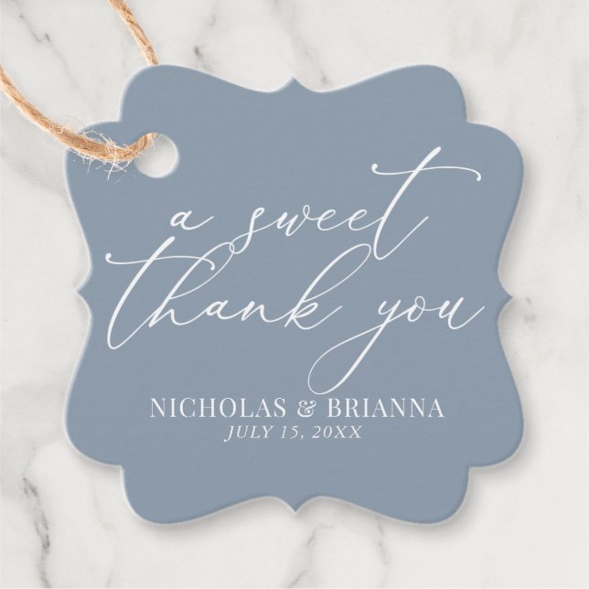 A Sweet Thank You Dusty Blue Classic Wedding Favour Tags (Front)