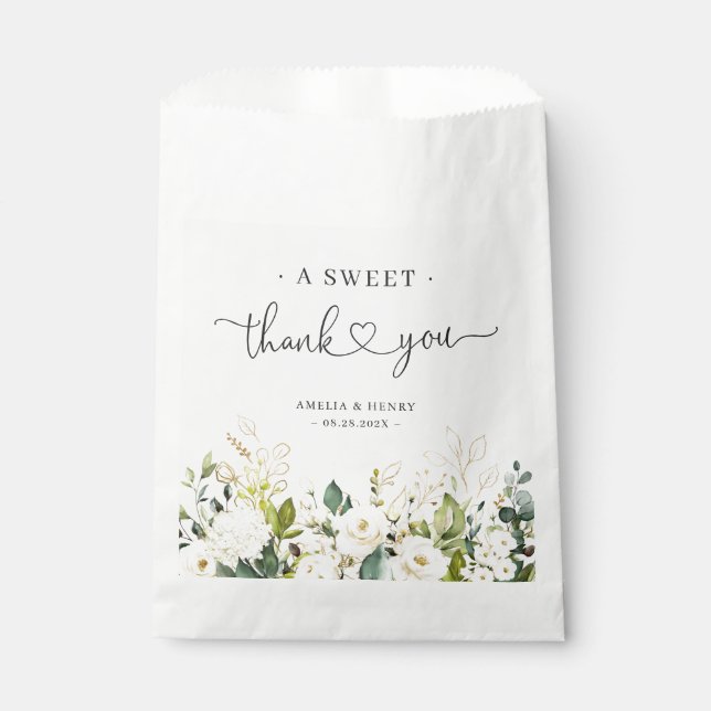 A Sweet Thank You | Greenery White Floral Wedding Favour Bags (Front)