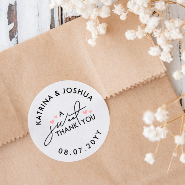 A Sweet Thank You Pink Hearts Wedding Favour Classic Round Sticker (Creator Uploaded)