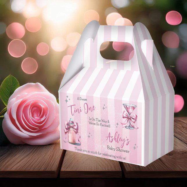 A Sweet Tini One Pink Coquette Girl Baby Shower Favour Box ("A Sweet Tini One Is On the Way . . ." Coquette Bows Martini | Bottle Girl Baby Shower Favor Box)