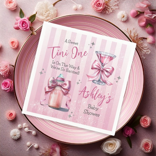 A Sweet Tini One Pink Coquette Girl Baby Shower Napkin ("A Sweet Tini One Is On the Way . . ." Coquette Bows Martini | Bottle Girl Baby Shower Napkins)