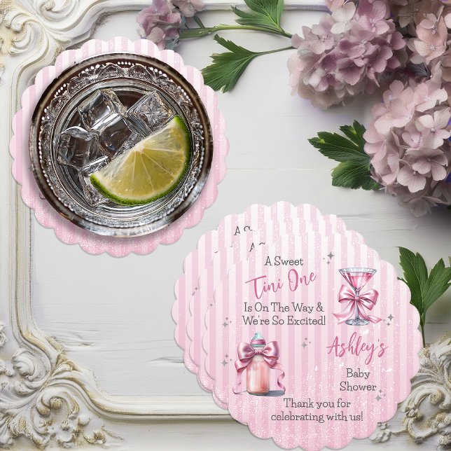 A Sweet Tini One Pink Coquette Girl Baby Shower Paper Coaster ("A Sweet Tini One" Coquette Bows Martini | Bottle Girl Baby Shower Paper Coaster)