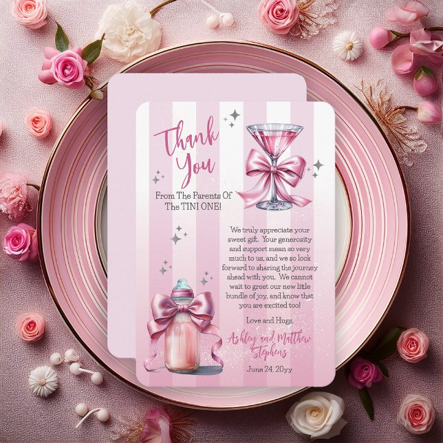 A Sweet Tini One Pink Coquette Girl Baby Shower Thank You Card (Coquette Bows Martini | Bottle Girl Baby Shower Thank You Flat Card - "A Sweet Tini One" Collection)