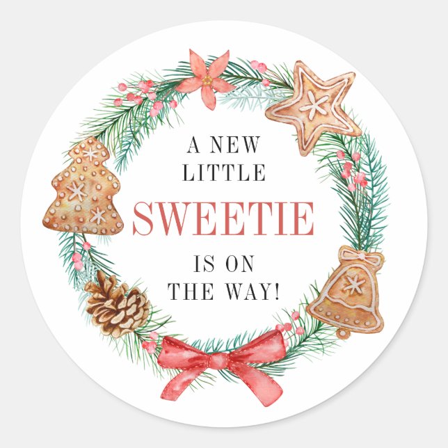 A Sweetie Is On Way Christmas Baby Shower Classic Round Sticker (Front)