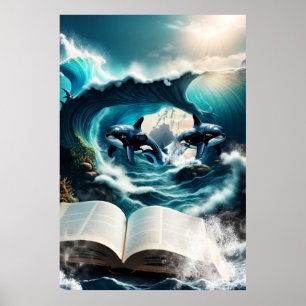 A Swimming steampunk Orca in the wave. Poster
