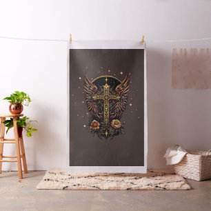 A symbol of strength: The ornate cross with wings. Fabric