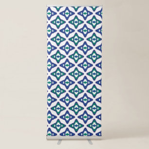 A symmetrical blue and white rug with intricate mo retractable banner