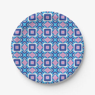 A symmetrical geometric pattern featuring blue paper plate