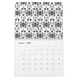 A symmetrical monochrome design featuring intricat calendar