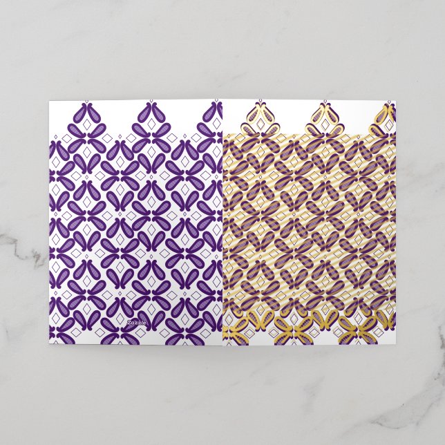 A symmetrical pattern featuring white and purple m foil greeting card (Outside Laydown)