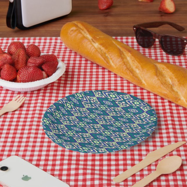 A symmetrical pattern of blue motifs on a textile  paper plate (Picnic)