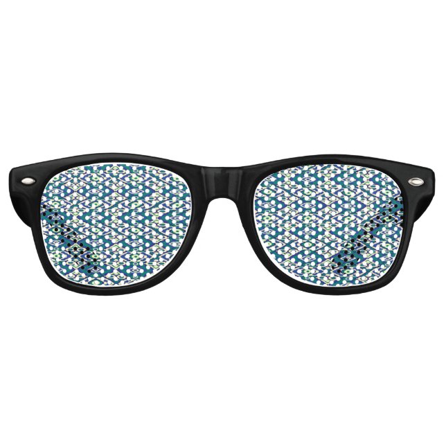 A symmetrical pattern of blue motifs on a textile  retro sunglasses (Front)