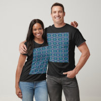 A symmetrical pattern of blue motifs on a textile