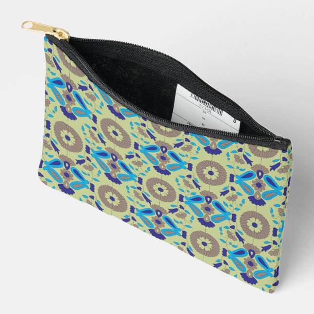 A symmetrical textile design featuring blue and or accessory pouch (Open)