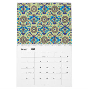 A symmetrical textile design featuring blue and or calendar