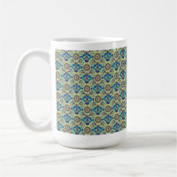 A symmetrical textile design featuring blue and or