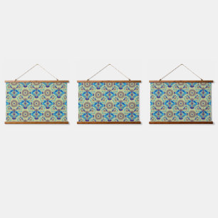 A symmetrical textile design featuring blue and or hanging tapestry