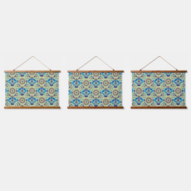 A symmetrical textile design featuring blue and or hanging tapestry (Triple)