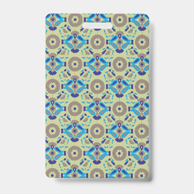 A symmetrical textile design featuring blue and or ID badge (Front)