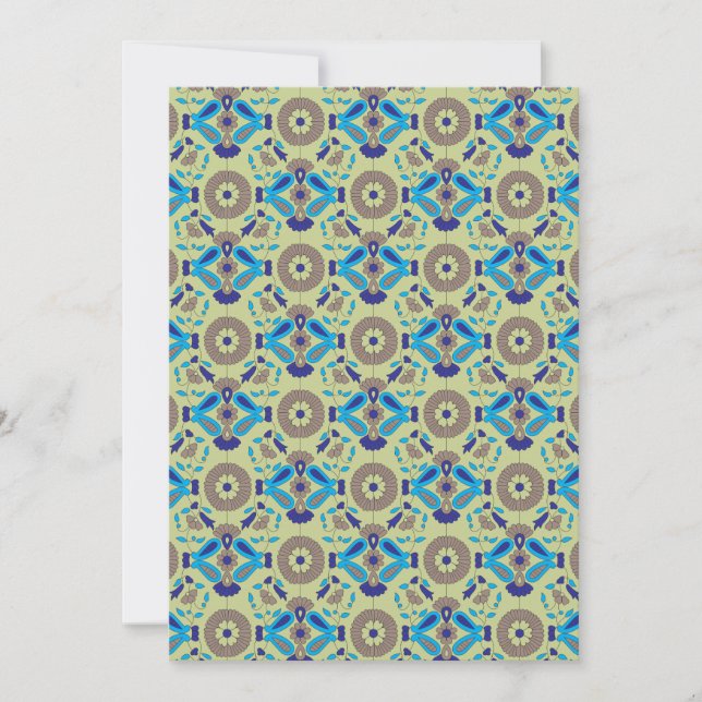 A symmetrical textile design featuring blue and or invitation (Front)