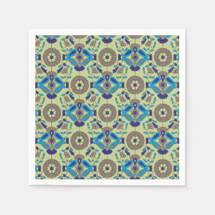 A symmetrical textile design featuring blue and or napkin