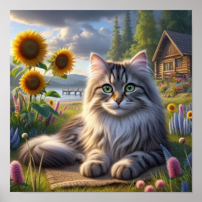 A Tabby Cat Resting in a Tranquil Countryside Poster (Front)