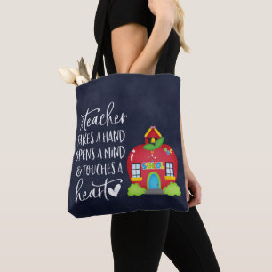 A teacher takes a hand tote bag