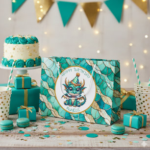 A Teal and Gold Dragon Personalized Boy's Birthday Large Gift Bag