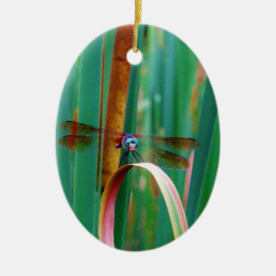 A teal Eyed Dragonfly with cattails Ceramic Tree Decoration