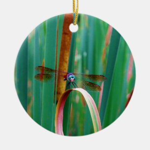 A teal Eyed Dragonfly with cattails Ceramic Tree Decoration