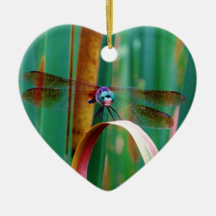 A teal Eyed Dragonfly with cattails Ceramic Tree Decoration