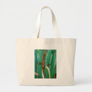 A teal Eyed Dragonfly with cattails Large Tote Bag