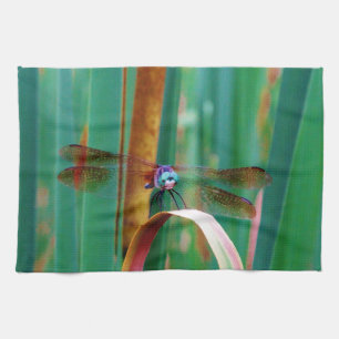 A teal Eyed Dragonfly with cattails Tea Towel