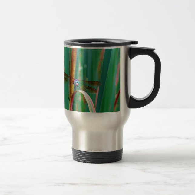 A teal Eyed Dragonfly with cattails Travel Mug (Right)