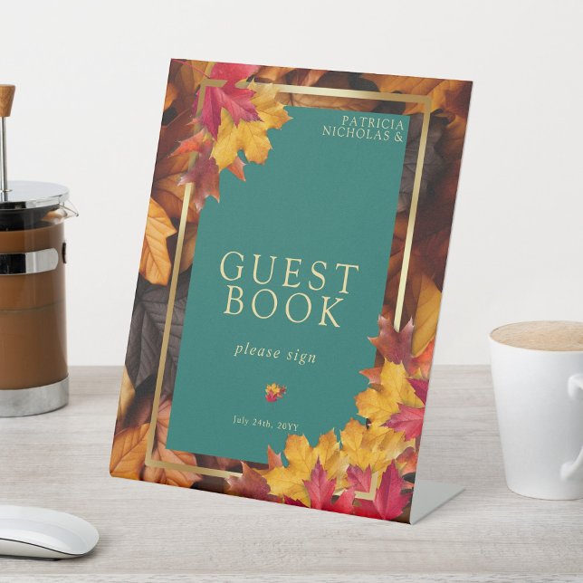 A Teal & Fall Fantasy Gold Rustic Wedd Guest Book Pedestal Sign (Creator Uploaded)