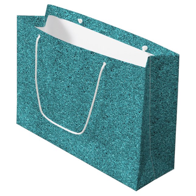 A teal gift bag with a white handle (Front Angled)