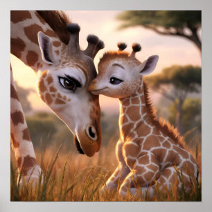 A Tender Giraffe Moment: Mother and Baby Embrace Poster