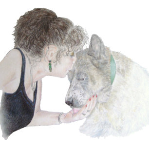A tender loving drawing of girl kissing akita dog 15 cm square badge