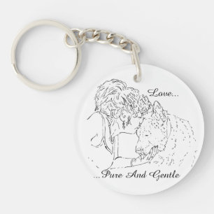 A tender loving drawing of girl kissing akita dog key ring