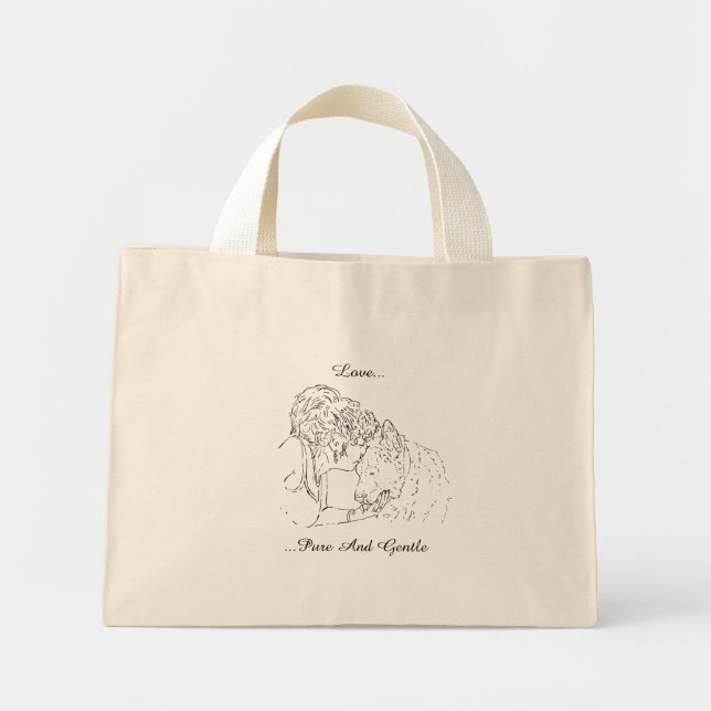 A tender loving drawing of girl kissing akita dog mini tote bag (Front)