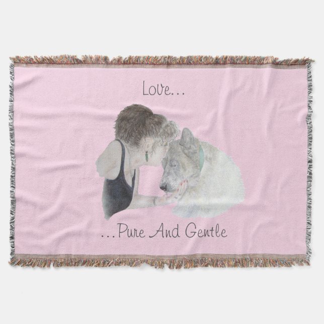 A tender loving drawing of girl kissing akita dog throw blanket (Front)