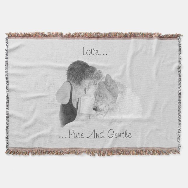 A tender loving drawing of girl kissing akita dog throw blanket (Front)