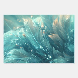A texture of turquoise feathers and diamond glow wrapping paper sheet