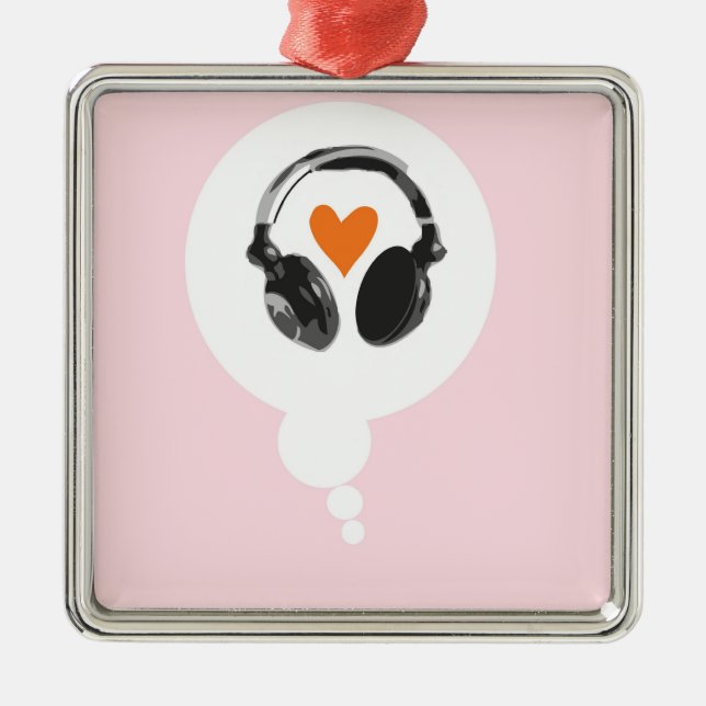 A thought bubble with a heart and headphones metal tree decoration (Front)