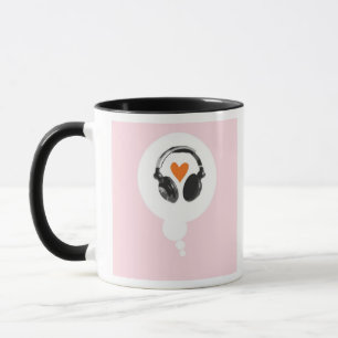 A thought bubble with a heart and headphones mug