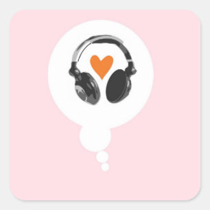 A thought bubble with a heart and headphones square sticker