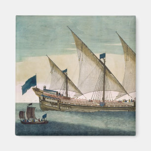 A three-masted Galleass under way by sail, oars sh Magnet