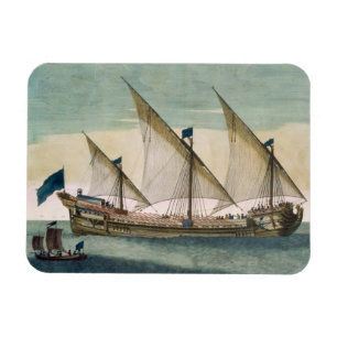 A three-masted Galleass under way by sail, oars sh Magnet