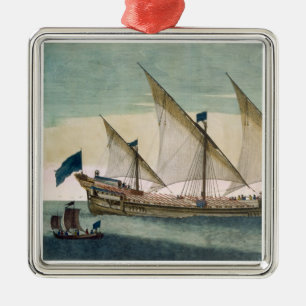 A three-masted Galleass under way by sail, oars sh Metal Tree Decoration