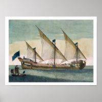 A three-masted Galleass under way by sail, oars sh